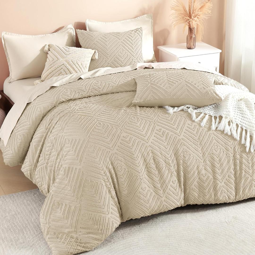 Litanika Khaki King Size Comforter Set, 3 Pieces Tufted Boho Farmhouse Bedding Comforter Sets, Lightweight Fluffy Comforter Bed Set for All Season (104x90In Comforter and 2 Pillowcases)