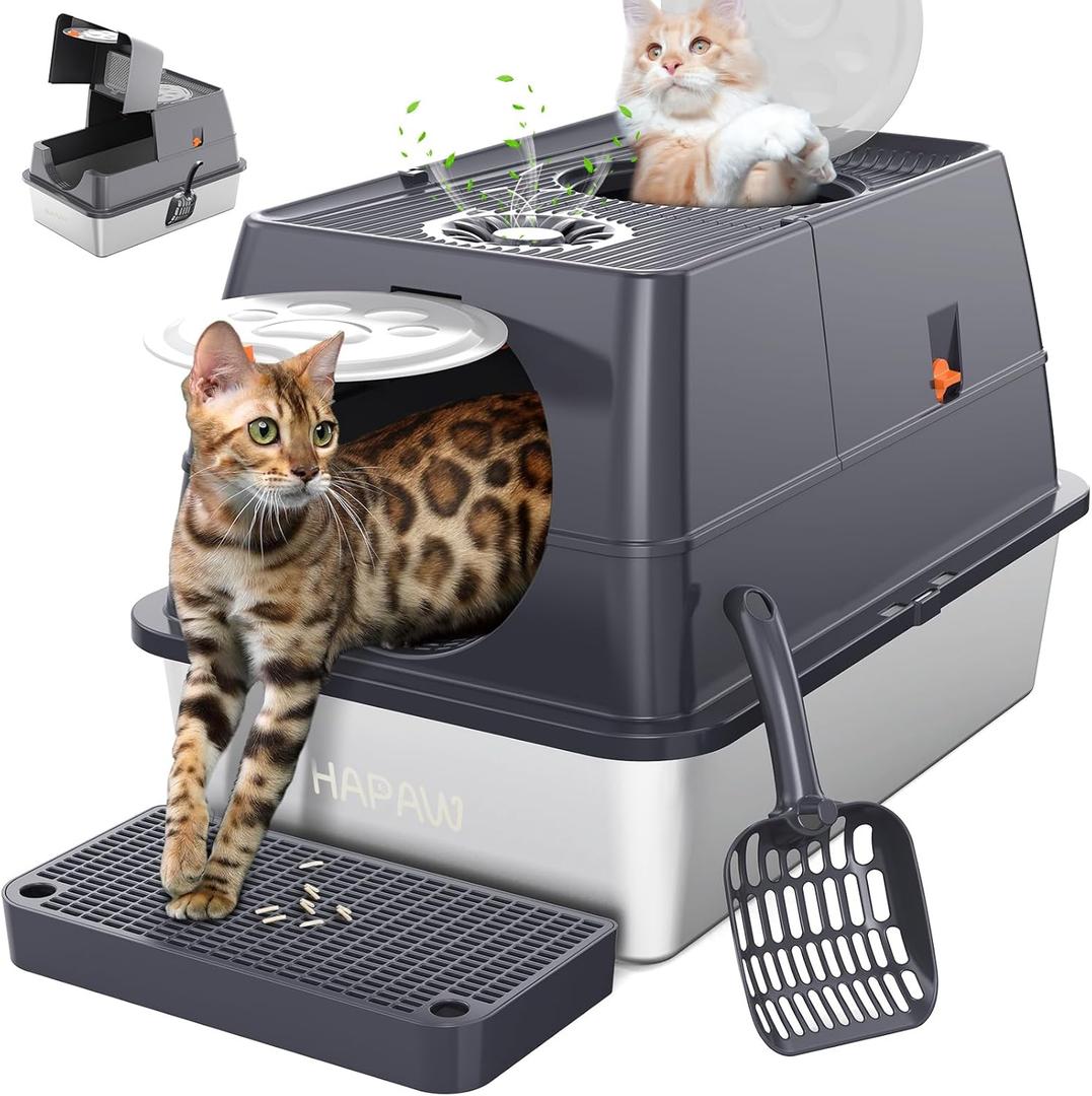 Hapaw Stainless Steel Litter Box with Lid, 135 Flip-Top Extra Large Cat Litter Pan, Enclosed Metal Litter Box with Litter Scoop & Filter Pedal, Odor Free, Front & Top Dual Entry (Dark Gray)