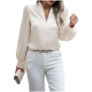 SweatyRocks Women's Casual Loose V Neck Shirts Puff Long Sleeve Office Work Blouses Tops M