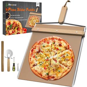 Sliding Pizza Peel, large Pizza Peel Metal Sliding Tray 16" X 13" Making 12 Inch, 304 Stainless Steel Metal Premium Pizza Board with Solid Wood Handle, and Pizza Cutter Wheel