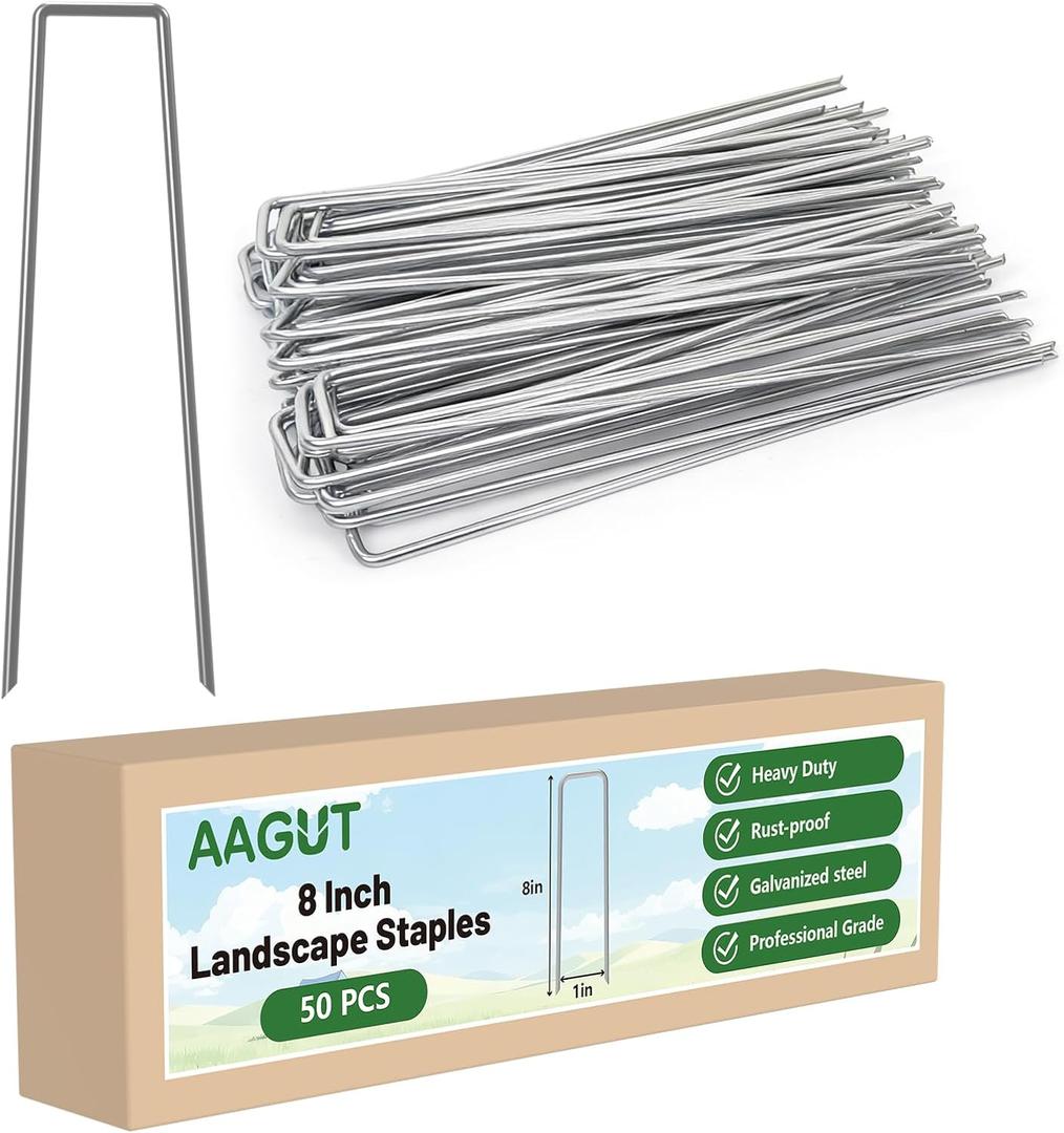 AAGUT Landscape Staples 8 Inch 11 Gauge Garden Staples 50 Pack, Galvanized Heavy Duty U-Shaped Sod Pins,Yard Ground Lawn Fence Stakes for Weed Barrier Fabric Irrigation Tubing