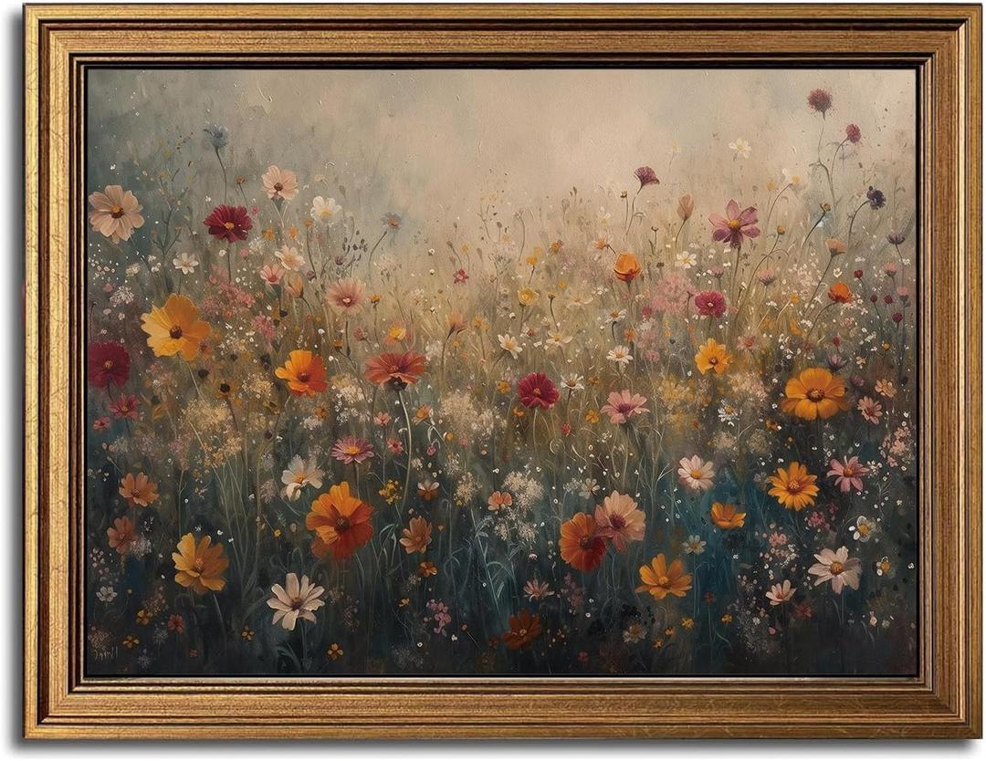 Gold Framed Wall Art Vintage Flower Canvas Wall Art Nature Landscape Flower Wildflower Artwork Prints Picture for Living Room Bedroom Farmhouse Bathroom Office Decor, 16x24 (05-Moody wildflowers)