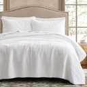 WDCOZY 100% Cotton King Size Quilt Set - White Striped Pick Stitch Soft Lightweight Bedspread, Textured Like Linen, Farmhouse Country Rustic Coverlet, Shabby Chic Gauze Bedding, 3 Pieces