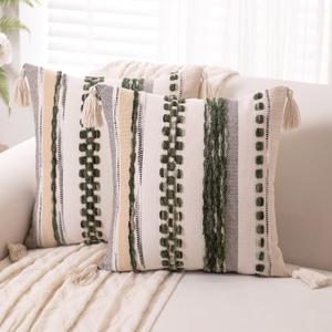 Boho Throw Pillow Covers 18x18 Set of 2 Woven Tufted Farmhouse Pillows Cover with Tassels Textured Striped Cushion Case Neutral Pillow Cases Decorative Pillowcase for Couch Bed,Dark Green