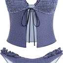 ZAFUL Tankini Swimsuits for Women Smocked Ruffles Tie Front Bowknot Textured High Cut Tanga Tankini Set (Medium, 33-midnight Blue)