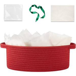 OIAHOMY Gift Basket with Handle, Small Woven Basket with Gift Bag, Ribbon and Wrap Tissue Paper, Nursery Bins Empty to Fill with Small Items, Baby, Pet Toy Organizer - Red (12"x 8"x 5")