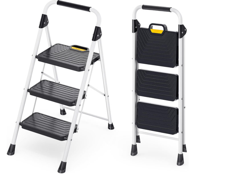 KINGRACK Sturdy Steel 3 Step Ladder, Folding Step Stool with Handrail, Anti-Slip Wide Pedals, Safe-Lock Design, Pass 800lbs Load Testing, Portable Ladder for Multi-Purpose in Home, Kitchen, White