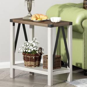 ChooChoo Farmhouse End Table for Small Spaces, Narrow Side End Table with Storage Shelf, Rustic A-Design Nightstand Sofa Table for Living Room, Bedroom (White & Brown), 1 Pack