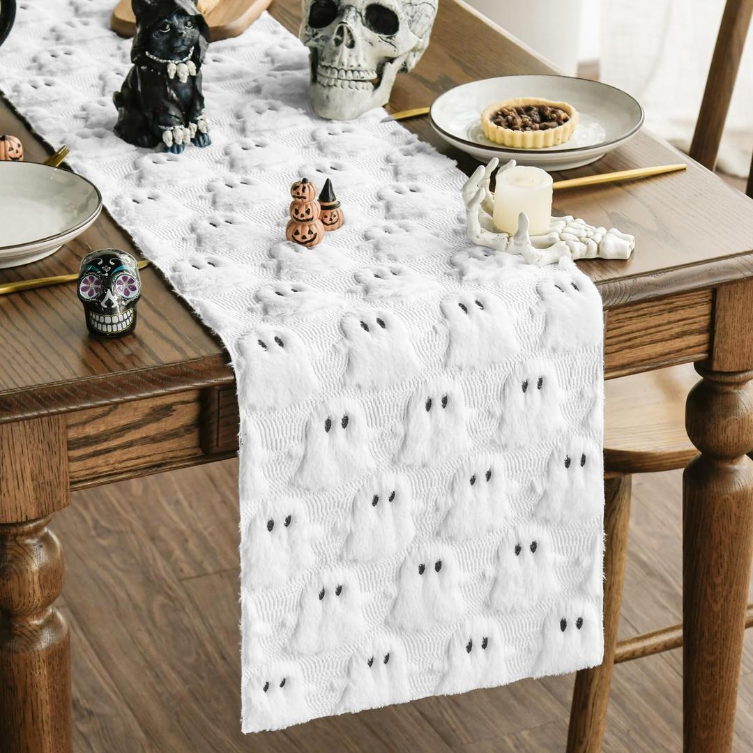Artoid Mode Ghost Soft Plush Faux Fur Jacquard Halloween Table Runner, Holiday Kitchen Dining Table Decoration for Home Party Decor 13x48 Inch