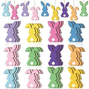 Barydat 36 Pcs Easter Bunny Tree Ornaments Easter Wooden Hanging Decor 12 Color Rabbit Embellishments for Tree Wood Bunny Tags Rabbit Shape Cutouts with String for Party Wall Gift