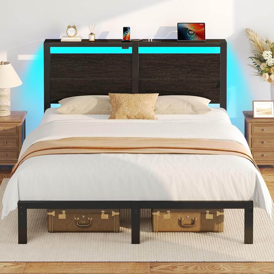 Rolanstar Full Bed Frame with Headboard, Bed Frame Full with LED Lights, Camas Full Size Bed with Charging Station, Solid Metal Slats, Noise Free, No Box Spring Needed, Black