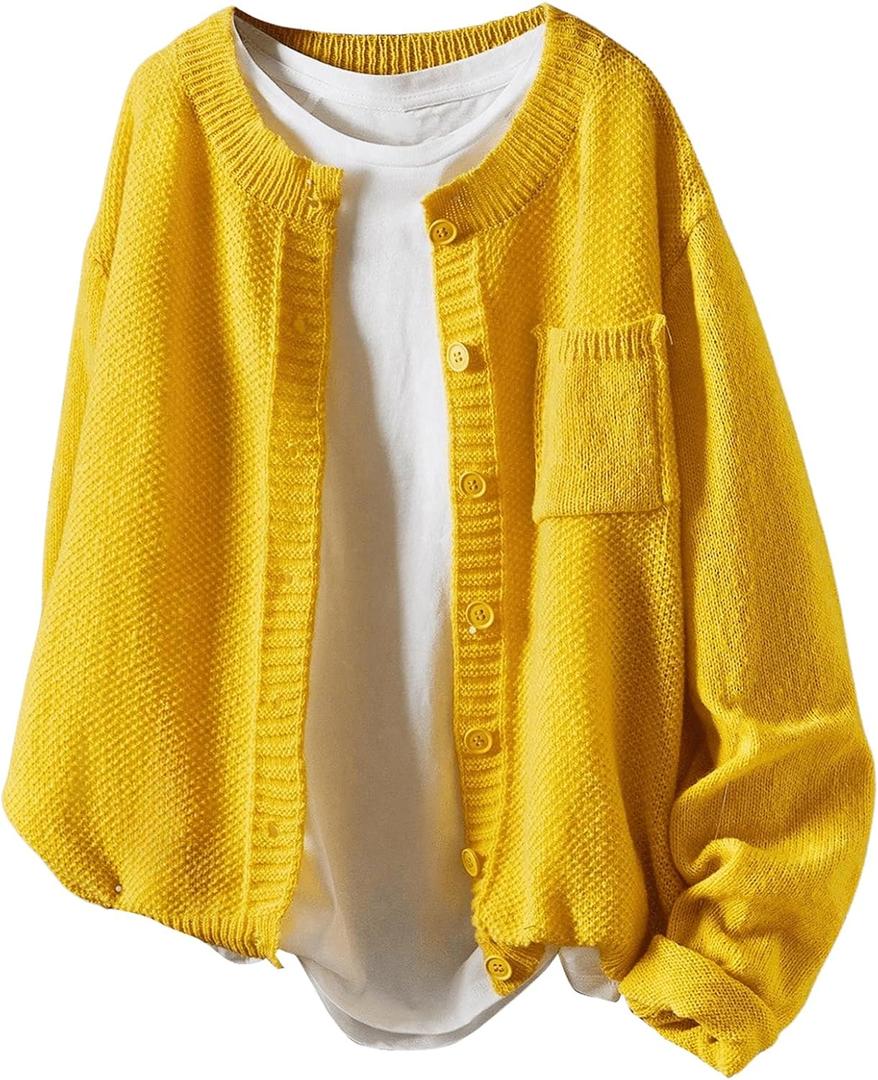 Women's Drop Shoulder Long Sleeve Cardigan Sweater Button Up Pocket Front Cardigans Lightweight Knit Tops Yellow X-Large