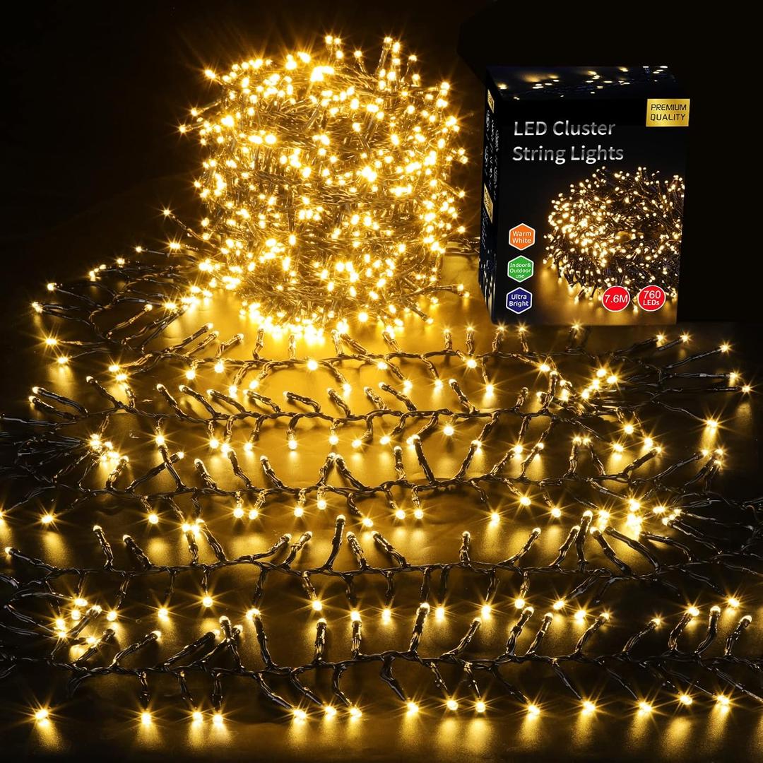Areker Christmas Cluster Lights, 760LED Warm White Christmas Tree Lights 25ft, 8 Modes&Memory Function with Dark Wire, Waterproof Christmas String Lights Outdoor, Indoor, Garden, Wedding