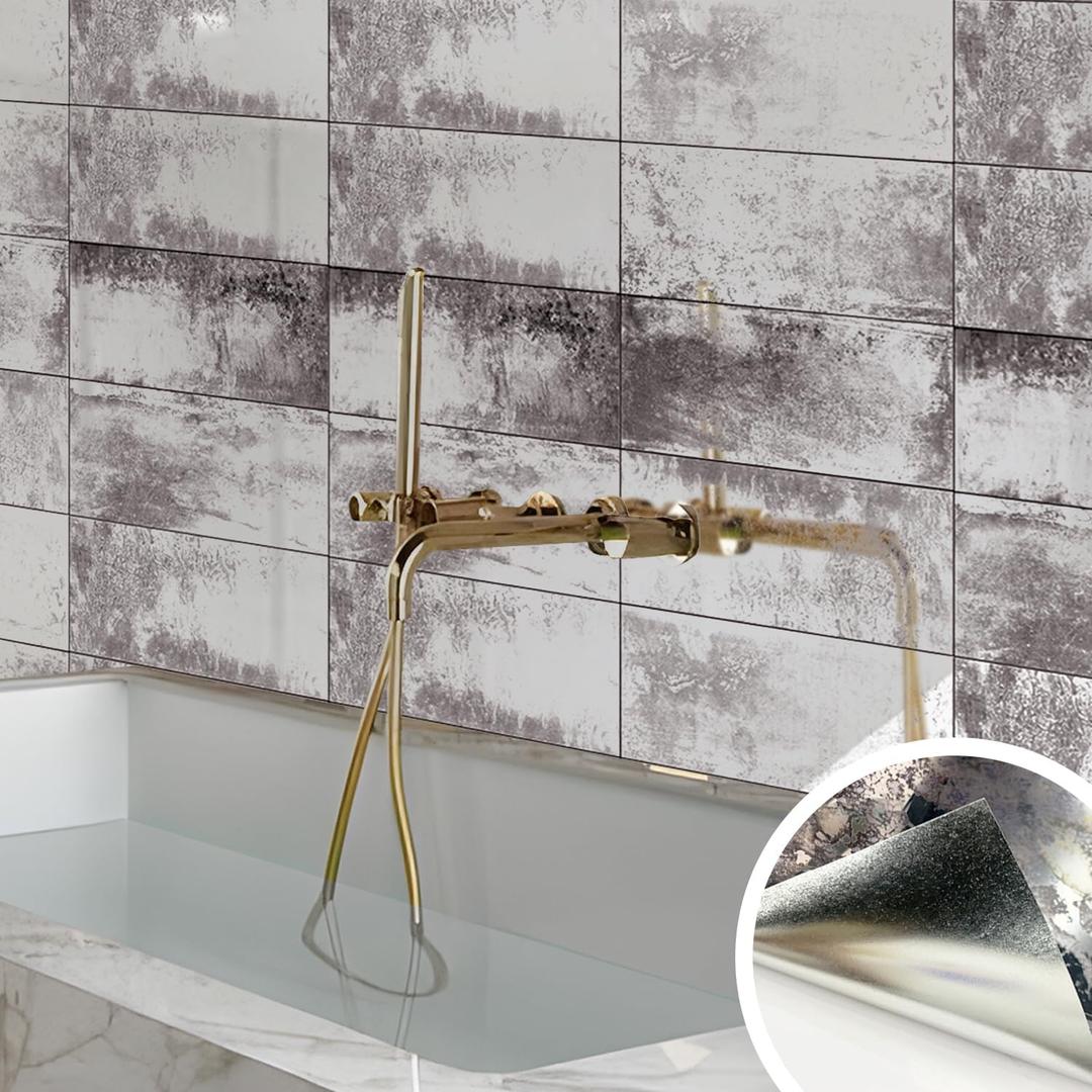 LiveInUrban Vintage Foxed Subway Silver Antique Chrome Reflective Style Wallpaper, Grunge Peel and Stick Contact Paper for Wall Furniture Vanity Dresser Home Decor, 22.83"x78.74"