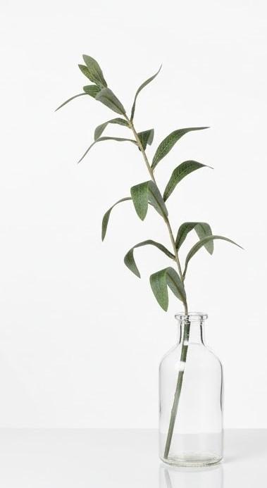 Artificial Green Stem in Glass Bottle, Realistic Green Foilage, Minimalist Tabletop Decor