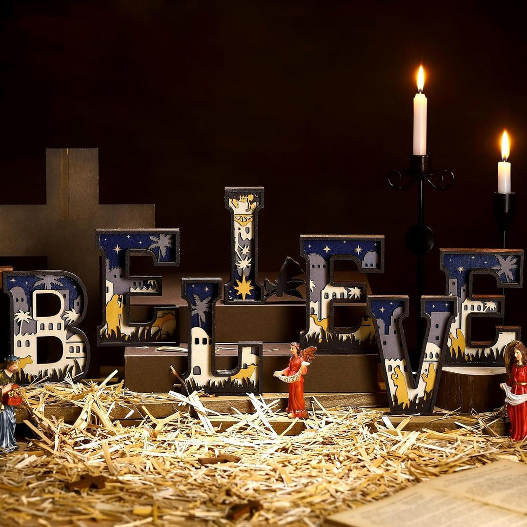 Amyhill Large Christmas Wooden Nativity Set, 22 x 3.5 x 0.79 Inch Religious 3D Nativity Believe Letter Sign, Christmas Scene Indoor Ornament, Table Decorations for Mantle Bedroom Home Tabletop