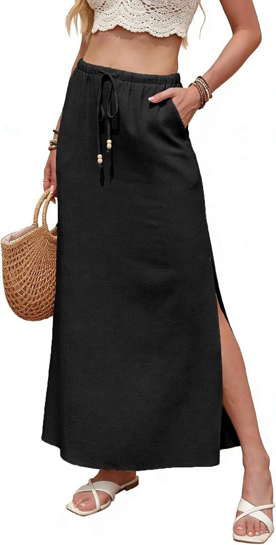 Linen Maxi Skirts Slit Skirt Elastic Waist Drawstring Long Linen Slit Boho Skirts for Women with Pockets, Size: X-Large