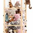 Stuffed Animal Storage Zoo Tower, 56In Wooden Large Stuffed Animal Holder Organizer with Wheels, Stuffy Plushies Storage with Elastic Band & Mesh Bottom, Toy Storage Organizers for Playroom Bedroom Nursery - Natural Wood