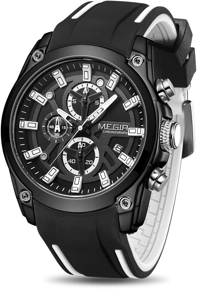 MEGIR Men's Analogue Sport Chronograph Luminous Quartz Watch with Fashion Silicone Strap (White)