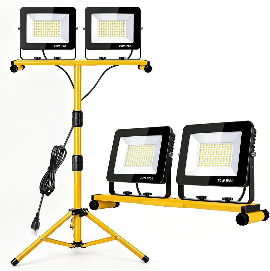 LED Work Lights with Stand, 21000 Lumen, 2-Head Adjustable Work Light, Waterproof Foldable Tripod, 6,500 Kelvin, Extended Cord for Outdoor & Indoor Job Sites, Workshops, Construction, Garage Lighting