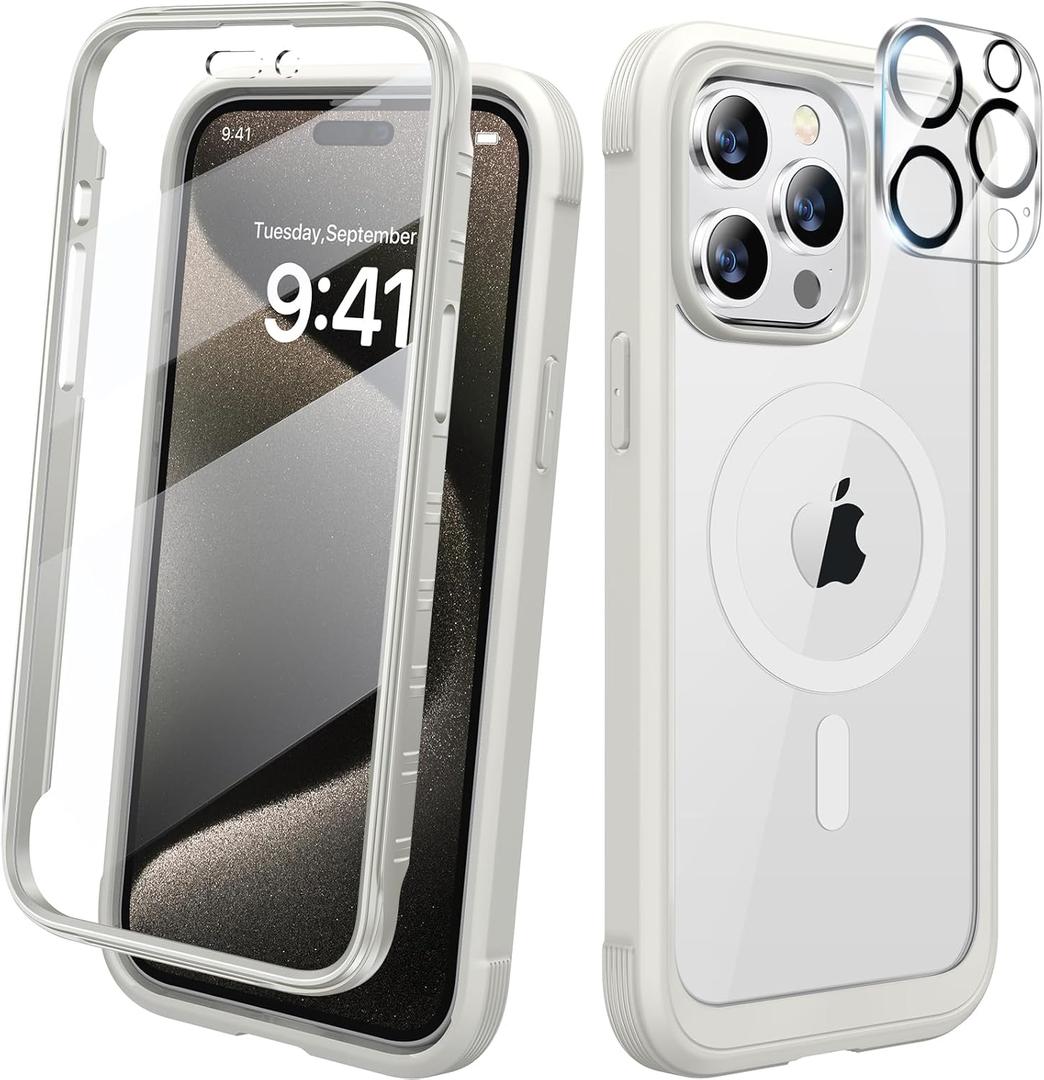 Diaclara Magnetic for iPhone 15 Pro Case, [Military-Grade Drop Proof & Fit for MagSafe] Built-in Shockproof Screen Protector, [Camera Lens Protector] Phone Cover for iPhone 15 Pro 6.1"(White)