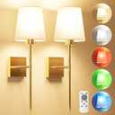 JOFIOS Battery Operated Wall Sconce Set of 2 - Gold Wireless Battery Wall Sconce with 5200mAh Rechargeable Light Bulb and Remote, RGB and Dimmable Cordless Wall Lights for Bedroom, Living Room