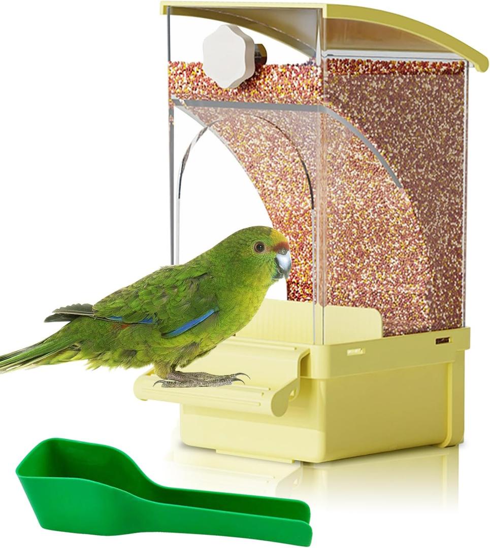 Hamiledyi Automatic Bird Feeder No Mess Bird Cage Feeder Transparent Acrylic Parrot Seed Food Container with Perch Cage Accessories for Parakeet Finch Lovebirds Budgies Canary (Yellow)
