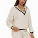 ABOCIW Sweatshirt for Women V Neck Collar Color Block Long Sleeve Pullover Tops Fall Fashion Outfits Winter Clothes 2025 (S)