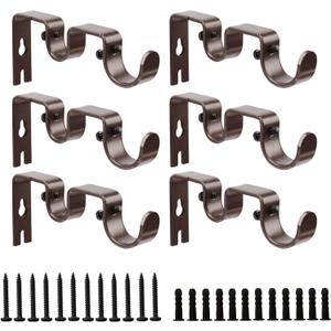 Double Curtain Rod Bracket 6 Pack Metal Curtain Rod Holders for Wall Sturdy Curtain Bracket for 1 Inch Curtain Rod Brown Wall Mounted Curtain Rod Hooks for Bedroom Living Room Patio