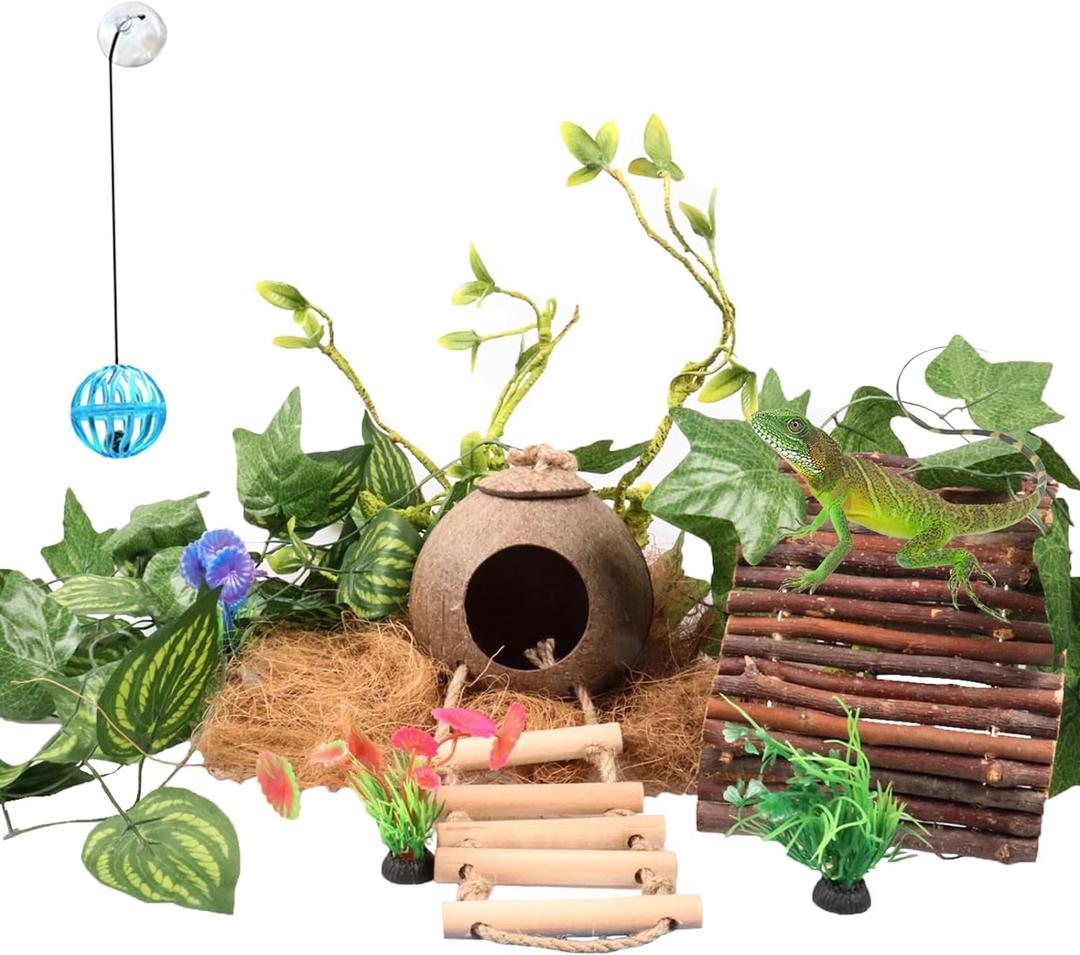 Crested Gecko Tank AccessoriesReptile Vines Plants with Coconut Shell Ladder Hideout Hermit Crab Decor for Bearded Dragon Lizard Chameleon Tortoise Snake