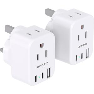 UK Travel Plug Adapter, HANYCONY US to UK Type G Ireland Travel Adapter 2 Outlets 3 USB Ports(2 USB C), UK Power Adaptor for USA to Dubai England London Scotland British Kenya Irish Hongkong, 2 Pack