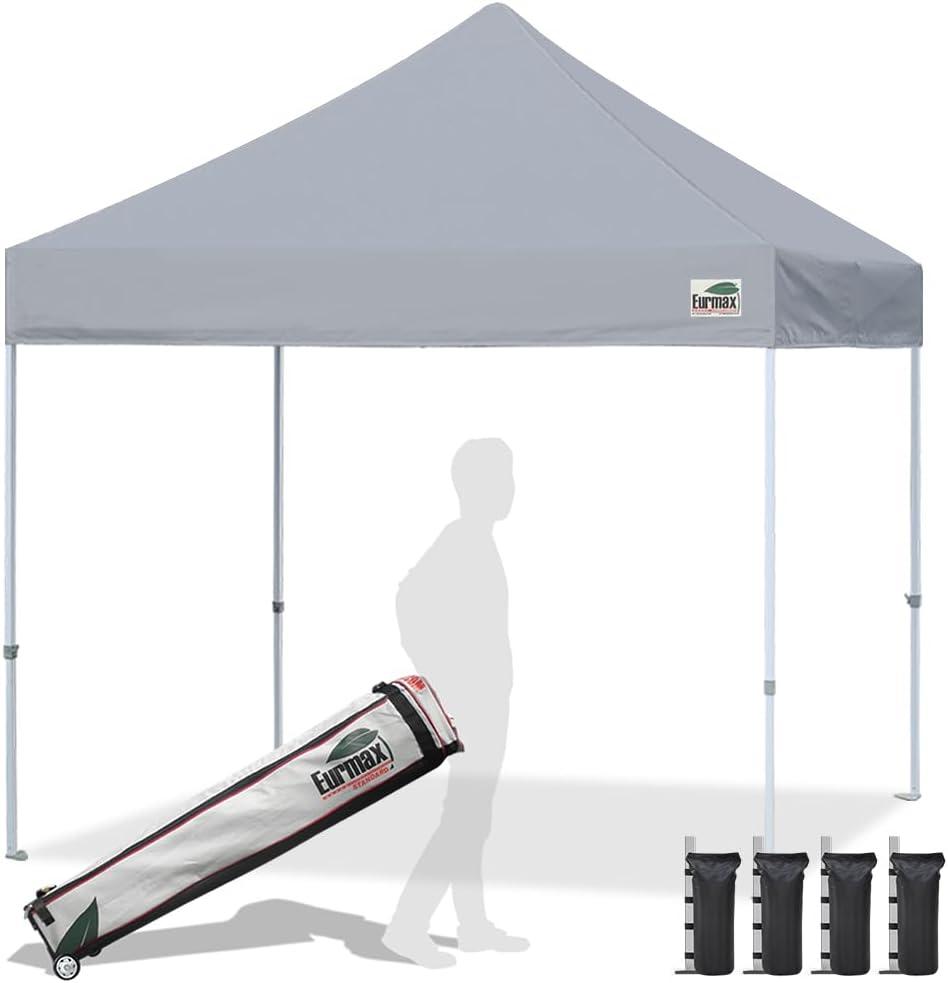 Eurmax USA Standard 10x10ft Patio Pop Up Canopy Tent for Outdoor Events Commercial Instant Canopies with Heavy Duty Roller Bag, Bonus 4 Canopy Sand Bags (Grey)