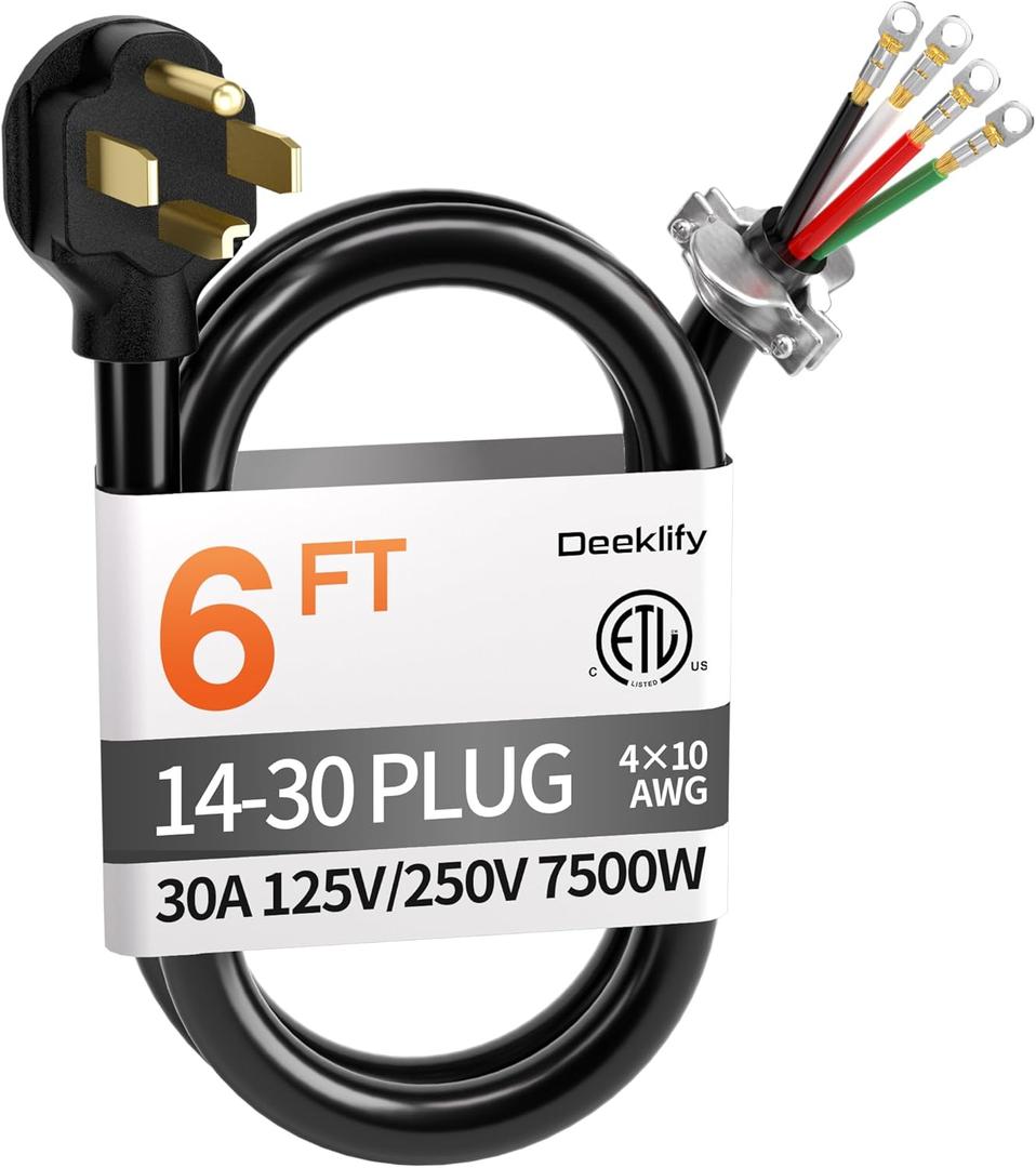 6 ft 4 Prong Dryer Cord, 30Amp 10 Gauge Dryer Power Cord Replacement,Pure Copper 4-Wire Extension Cord with NEMA 14-30P Plug and O-Ring Terminals, 250V 7500W, ETL Listed, Black STW