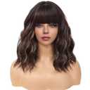 MINLEE Brown Highlight Wig with Bangs for Women 14 Inch Short Bob Wavy Curly Wig Brown Mix Blonde Hair Wigs Heat Resistant Synthetic Wigs