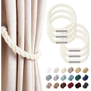 NICEEC 6 Pack Strong Magnetic Curtain Tiebacks Modern Simple Style Drape Tie Backs Convenient Decorative Weave Rope Curtain Holdbacks for Thin or Thick Home & Office Window Draperies (Cream)