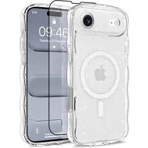 MOWIME Magnetic Case for iPhone Air [Compatible with Magsafe] [Cute Wave Glitter Design] [1 Screen Protector] Slim Soft TPU Clear Bling Case for iPhone Air 6.5" 2025, Clear