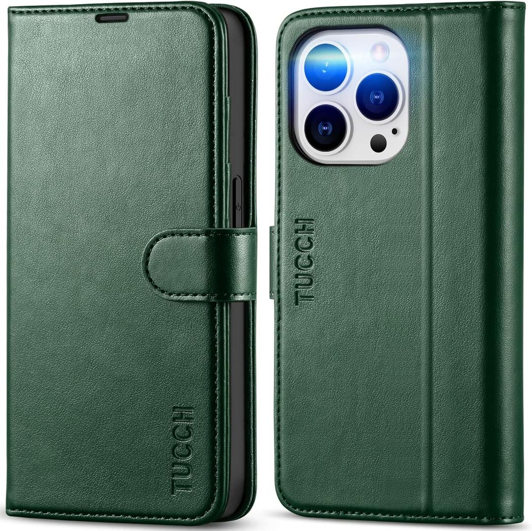 TUCCH Case Wallet for iPhone 14 Pro 6.1", Protective [TPU Shockproof Inner Shell], PU Leather [RFID Blocking] [4 Card Holder] Magnetic Stand Cover Compatible with iPhone 14 Pro 2022, Midnight Green