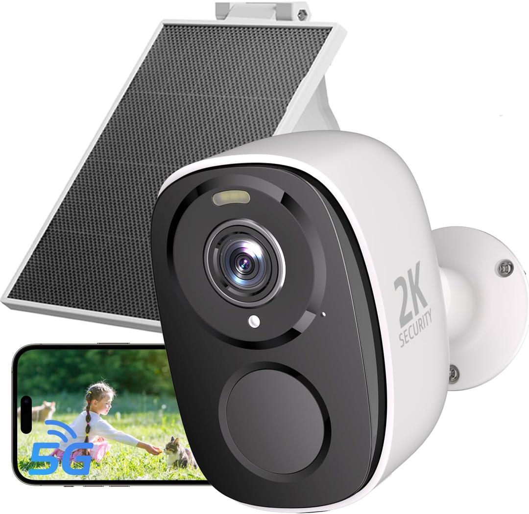 2.4&5ghz WiFi Solar Security Cameras Wireless Outdoor,2K QHD Home Security System, Solar Cameras Kit with 130 Ultra-Wide View, 2-Way Talk, IP65,Color Night Vision, Spotlight & Siren (1, White)