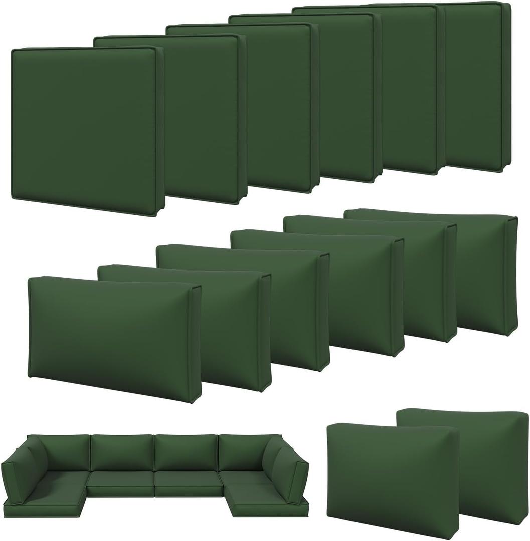 Aoxun 14pcs Patio Cushion Covers Replacement, Waterproof Outdoor Furniture Cushion Covers with Zipper and Non-Slip Bottom, Patio Sofa Couch 3 Sizes for Patio Sectional, Covers Only (Green)