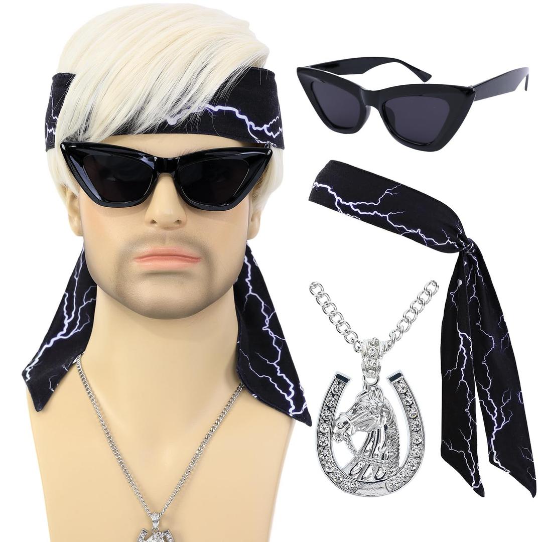Short Blonde Cosplay Wig for Men with Necklace Headbands and Glasses Mens Blond Costume Synthetic Hair Wigs for Halloween Party (Wig+Necklace+Headbands+Sunglasses)