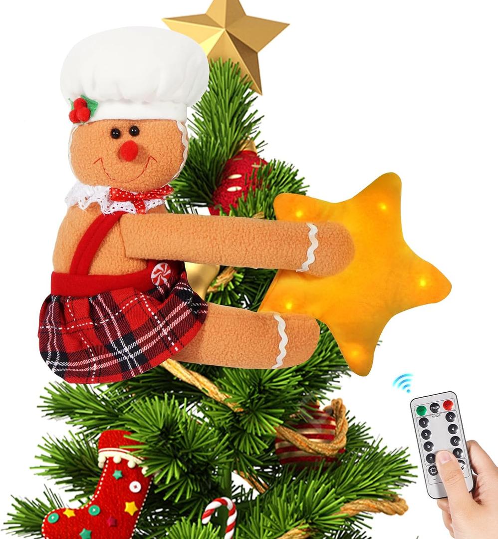 Gingerbread Christmas Tree Topper with Built-in LED Star Lights Xmas Decorations Funny Treetop Hugger Home Dcor