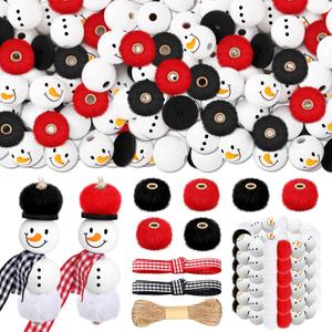 Amyhill 120 Pcs DIY Christmas Snowman Wooden Beads for Craft, Fuzzy Faux Fur Poms, Winter Wood Beads Buffalo Plaid Colorful Print with Twine, for Party Xmas Santa Tree Jewelry Home(Red Black)