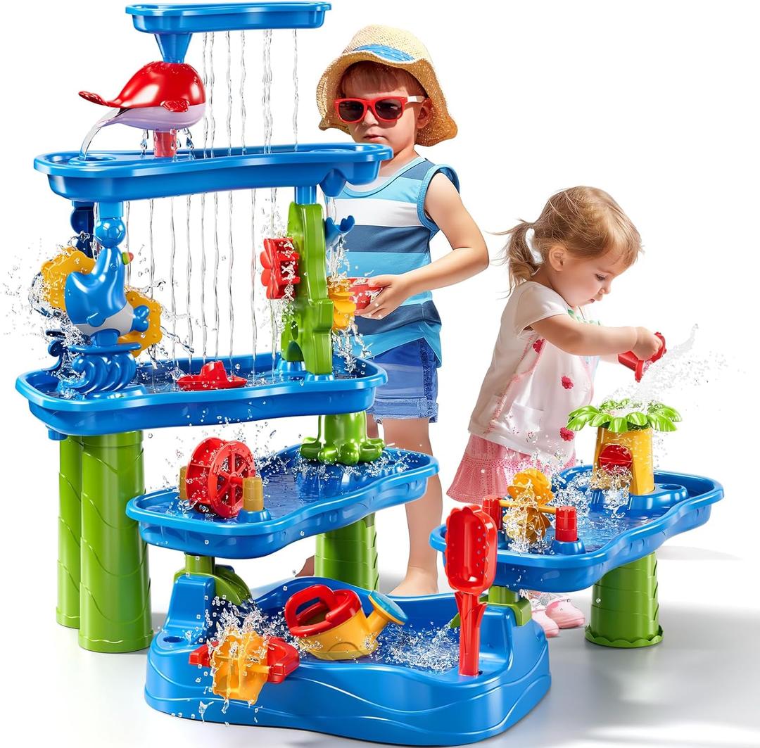 Water Table for Kids 3 4 5 6 7 Years Old, 3-Tier 4 Areas Water Table Activity Sensory Outside Toys for Toddlers 3-5, Beach Backyard Outdoor Play Table Gift for Boys Girls