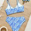 Girl's Ditsy Floral Bathing Suits 2 Piece Ruched Wireless Boho Bikini Swimsuits Summer Beachwear (Blue)