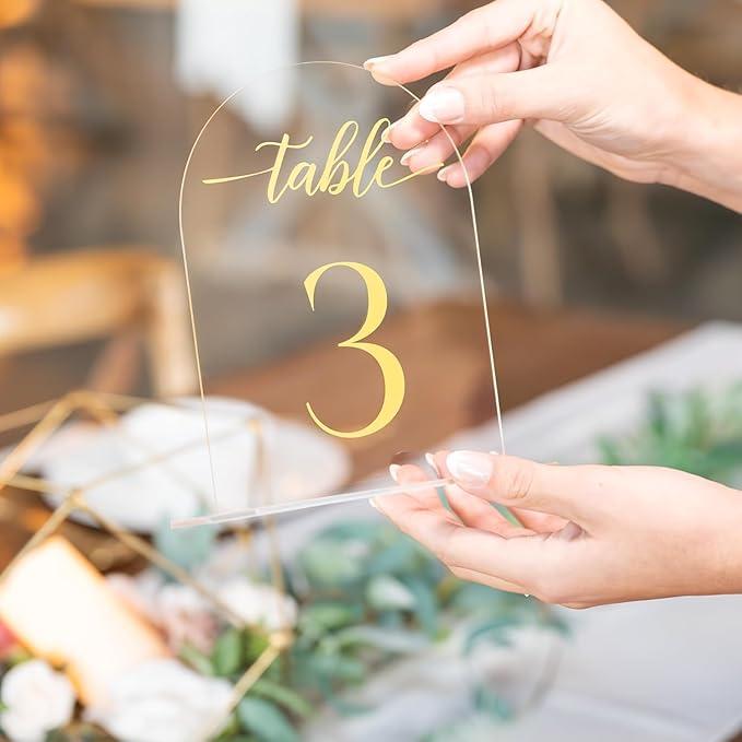 Clear Arch Acrylic Table Numbers for Wedding Reception - 5" x 7" Gold Font Centerpiece Set with Holder Stands & Head Table Sign - Anniversary, Event, Party