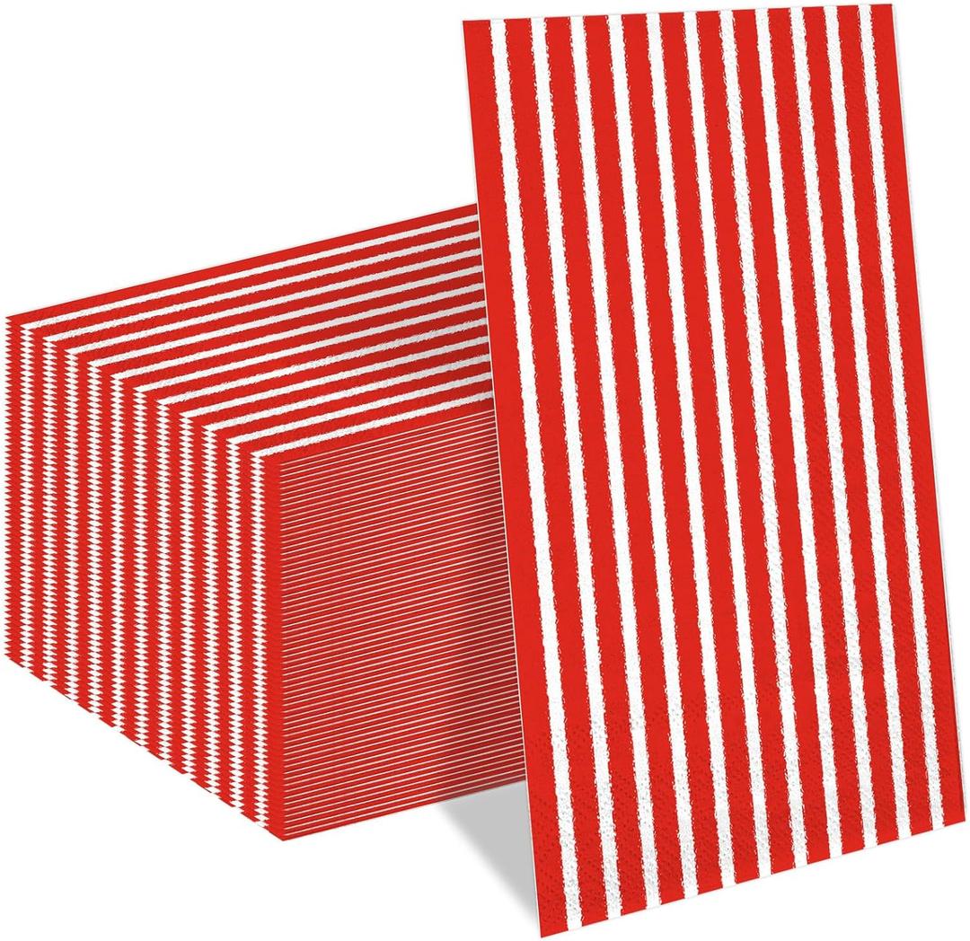 Whaline 100 Pcs Red and White Stripe Guest Napkins Disposable Striped Dinner Paper Napkins Decorative Hand Towel Napkin for Wedding Birthday Party Supplies Kitchen Bathroom Table Decor