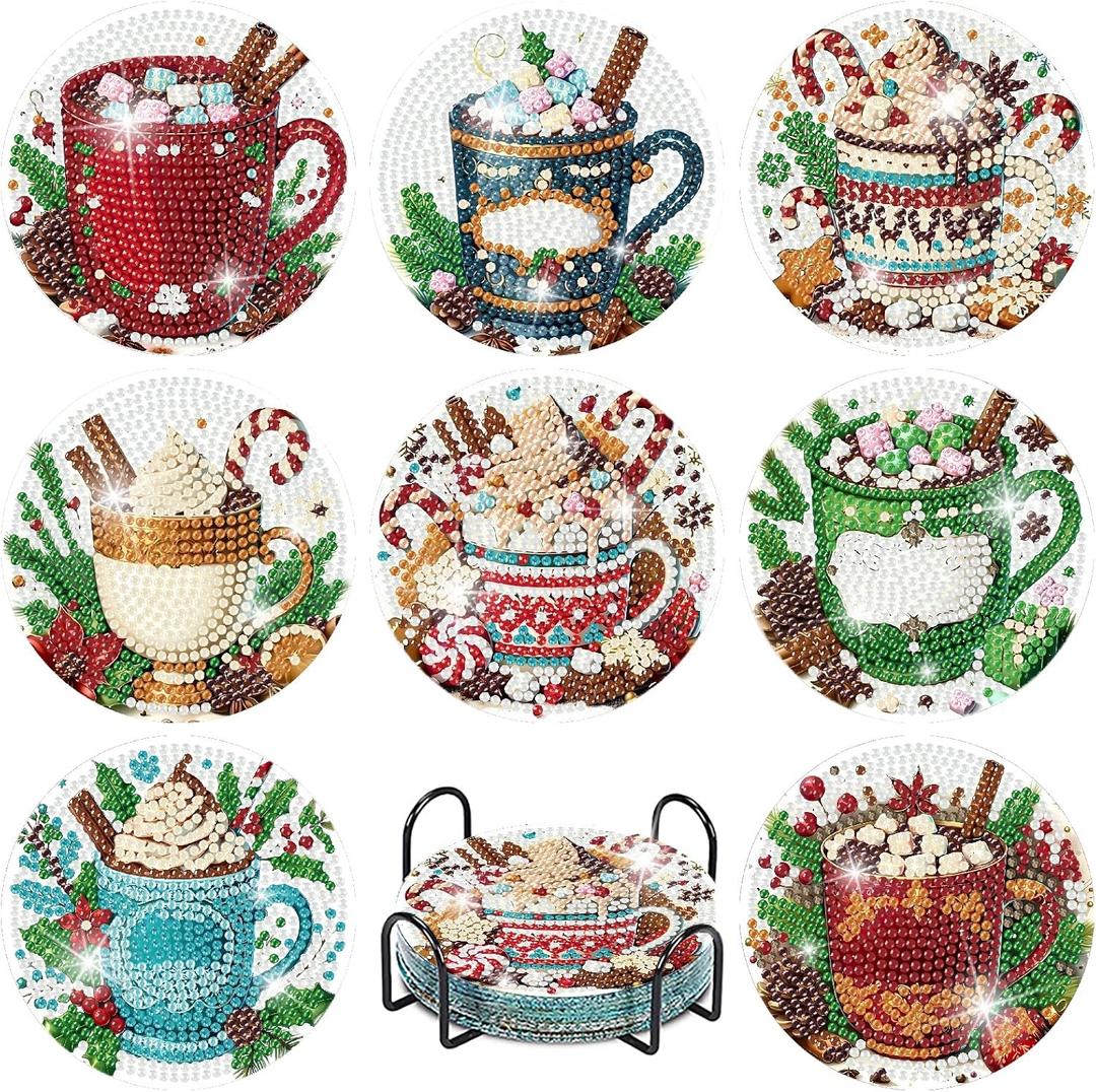 8 Pcs Christmas Coffee Diamond Painting Coasters Kits with Holder, DIY Christmas Diamond Art Coaster Kits for Adults, Paint with Diamonds Coasters Craft Supplies for Holiday Home Decor (Jxbd03-us)