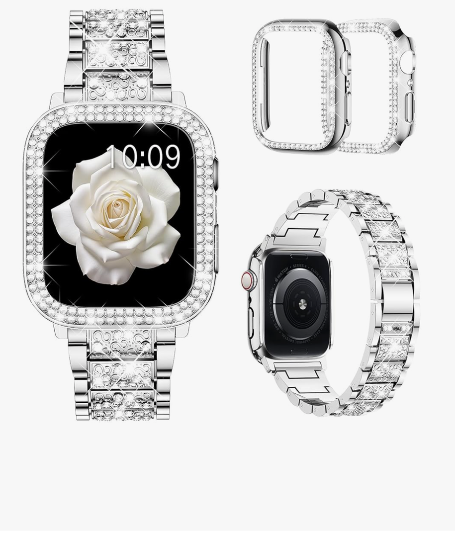 Compatible with Apple Watch Band 38mm 40mm 41mm 42mm 44mm 45mm 46mm 49mm with 2 Pack Case Women, Jewelry Replacement Metal Bands Strap with Bling PC Protective Case for iWatch Ultra SE Series 11/10/9/8/7/6/5/4/3/2/1