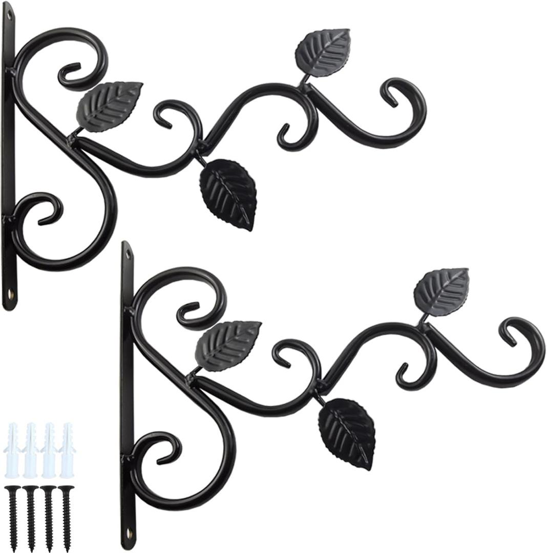 TIHOOD 2PCS Wall Hook Hanging Plant Brackets, Metal Plant Bracket Iron Wall Mount Leaf Black Hangers for Hanging Bird Feeders, Lanterns, Wind Chimes, Planters, Outdoor Decoration Hooks