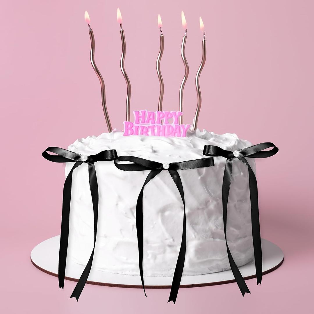 Riceshoot 6 Pcs Black Bow Ribbon and Pearl Cake Topper, 5x7 Vintage Cupcake Decorating for Coquette Themed Party, Bridal Party Decoration, Birthday Valentine Candle Accessory, Engagement Dessert Decor